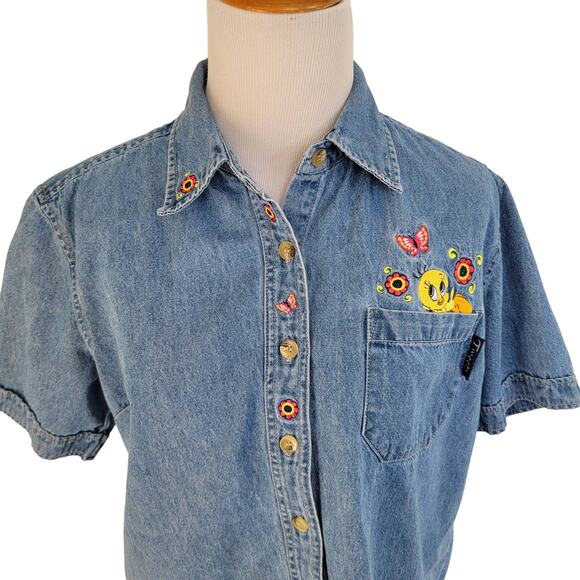 Vintage Y2K Looney Tunes Tweety Bird Shirt Button Front Denim Women Medium - Picture 1 of 11